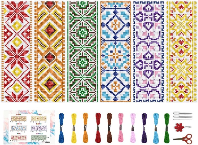 BEUNITONE 6 Pcs Vintage Cross Stitch Bookmark Kits for Beginner Floral Stamped Embroidery 8.5''x3'' - Image 1
